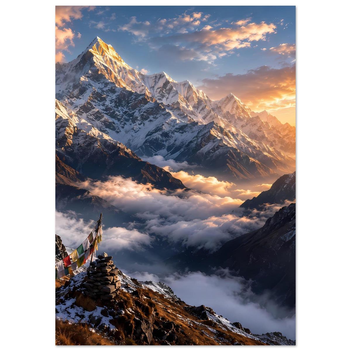 Hochformat-Poster: Himalaya-Gipfel mit goldenem Sonnenaufgang, Wolkenmeer und Flaggen am Grat.