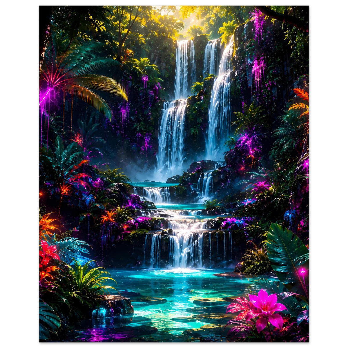 Poster: Regenwaldszene mit Wasserfall, leuchtende Tropfen und farbige Pflanzen Lichter