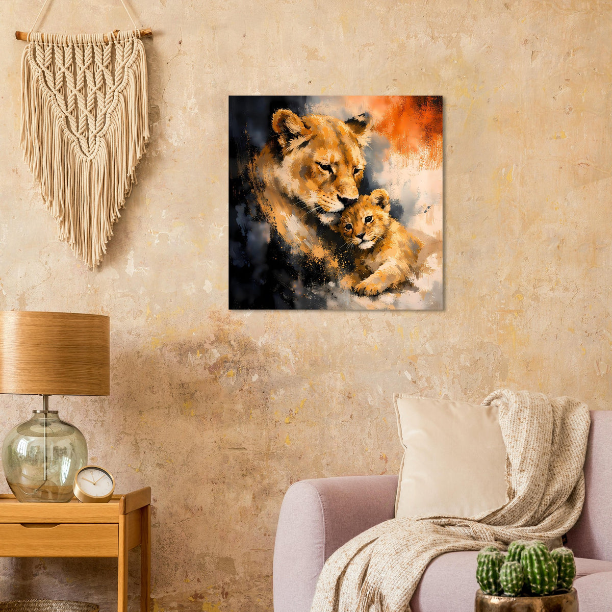 Poster mit Löwin und Löwenjungen, orangefarbener Sprühhintergrund, schwarzer Rahmen