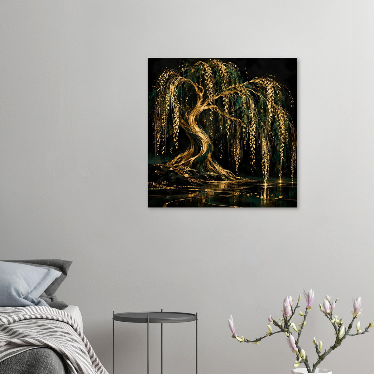 Wandposter mit goldener Trauerweide über Wasser, quadratisch