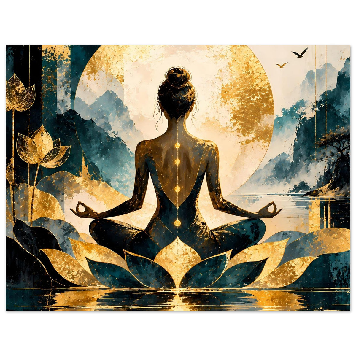 Wandposter mit meditierender Lotusfrau, goldener Sonne und blauen Landschaftselementen