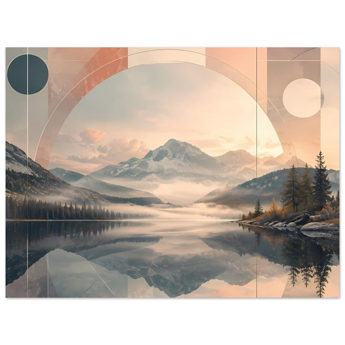 Horizontales Poster mit Bergsee-Ansicht und abstraktem Geometrie-Design aus Kreisen, Linien und Rechtecken