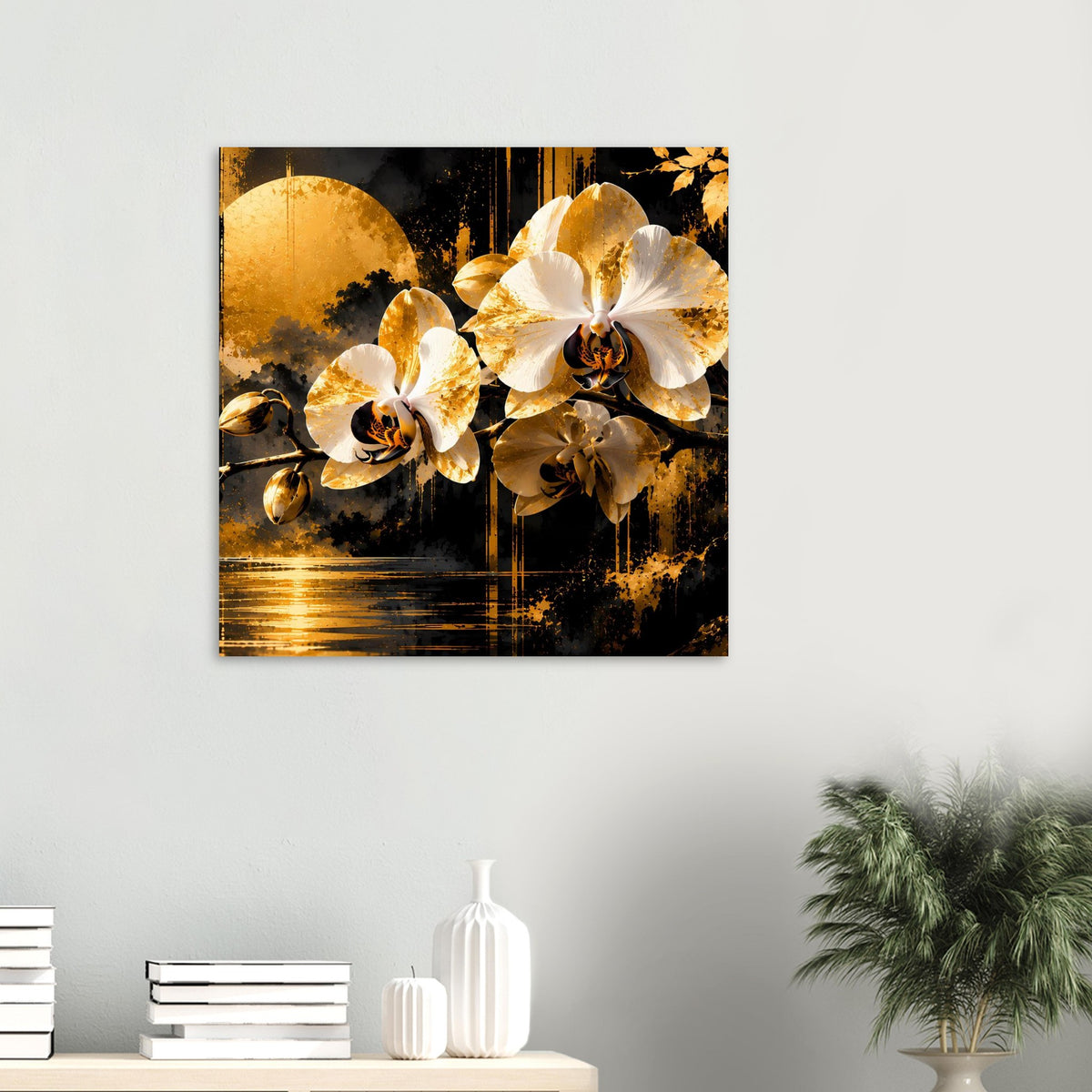 Quadratisches Poster mit weißen und goldenen Orchideen auf schwarzem Hintergrund