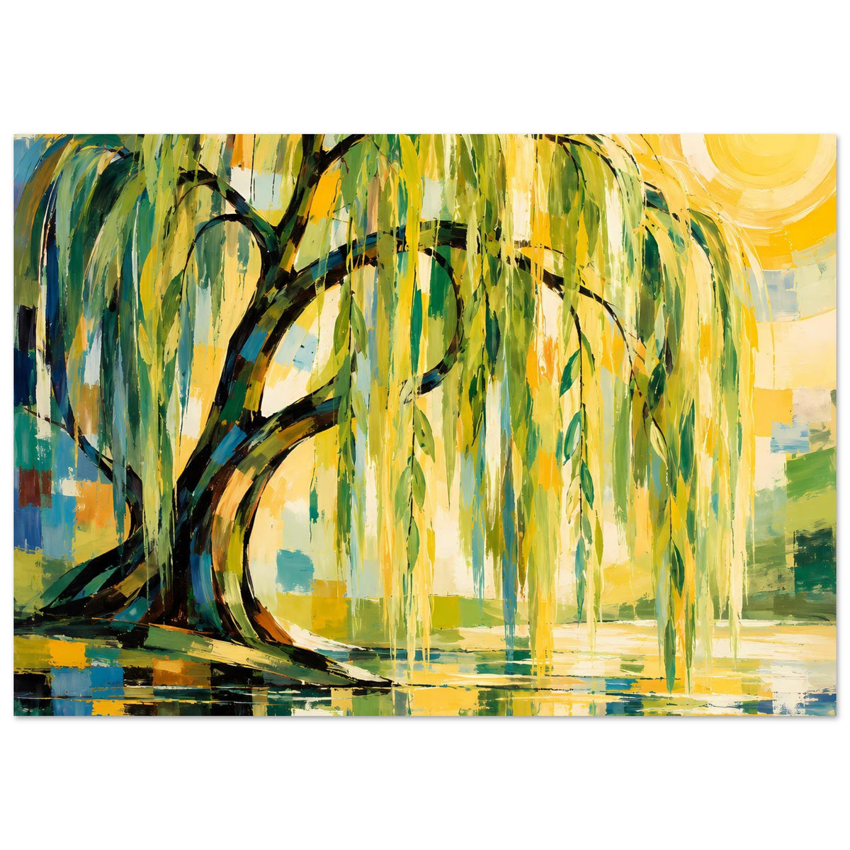 Querformat-Poster mit Weidenbaum, gelbem Sonnenkreis und Spiegelungen im Wasser