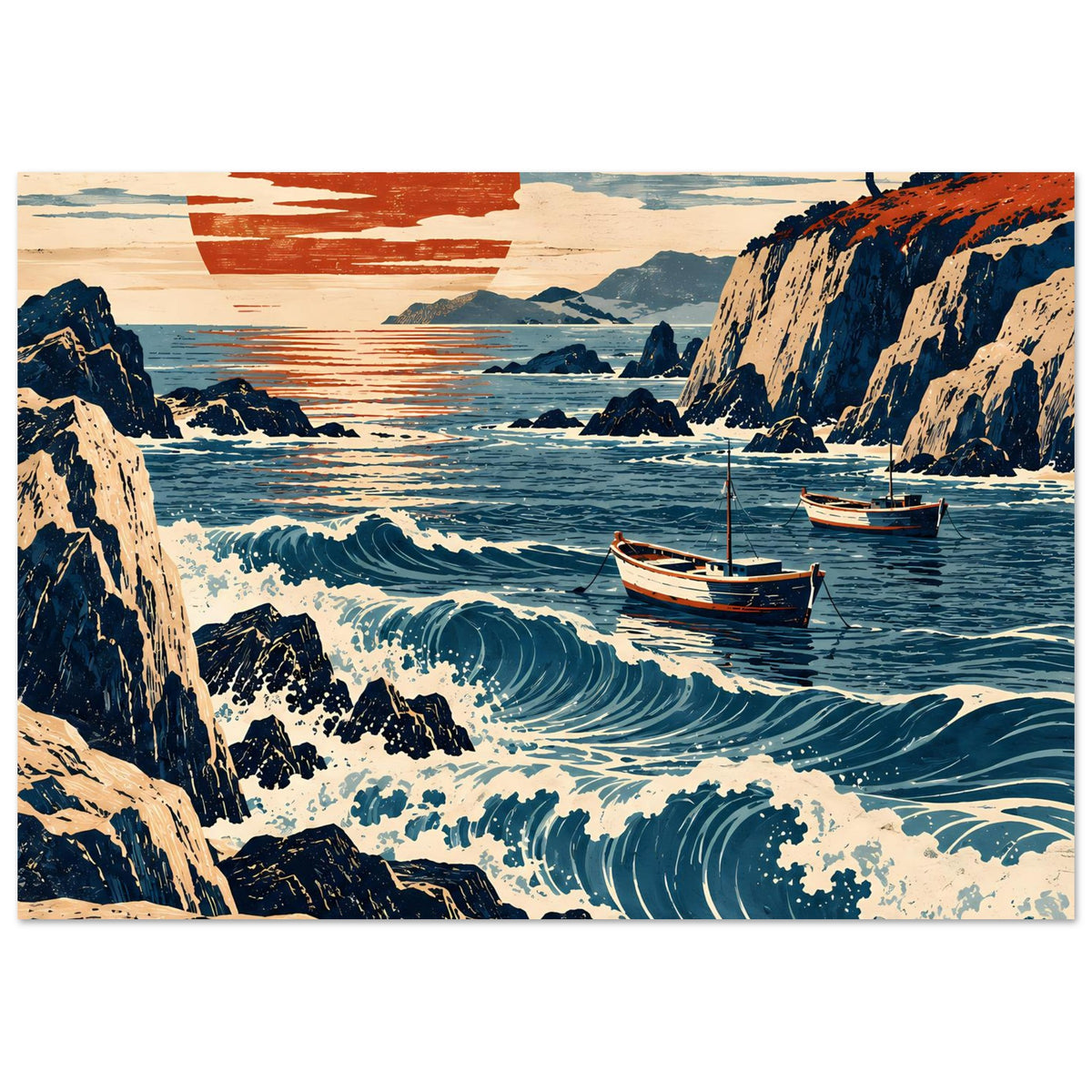 Meerblick-Poster im Querformat mit aufschäumenden Wellen, Klippen, Segelbooten und rotem Sonnenkreis