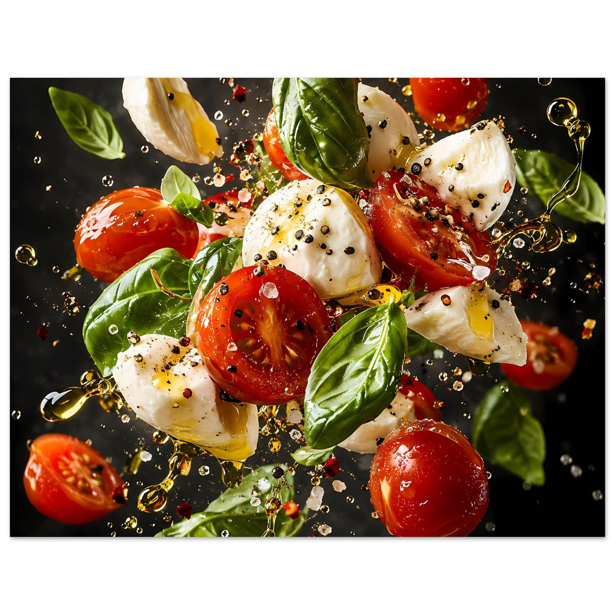 Caprese-Salat-Poster im Querformat: Tomaten, Mozzarella und Basilikum mit Spritzer-Optik.