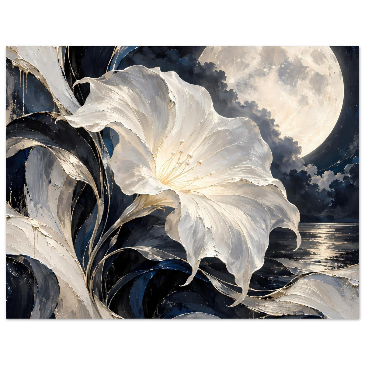 Blumenposter: weiße Blüte, Mondsichel im Hintergrund, Wolken und dunkles Blau