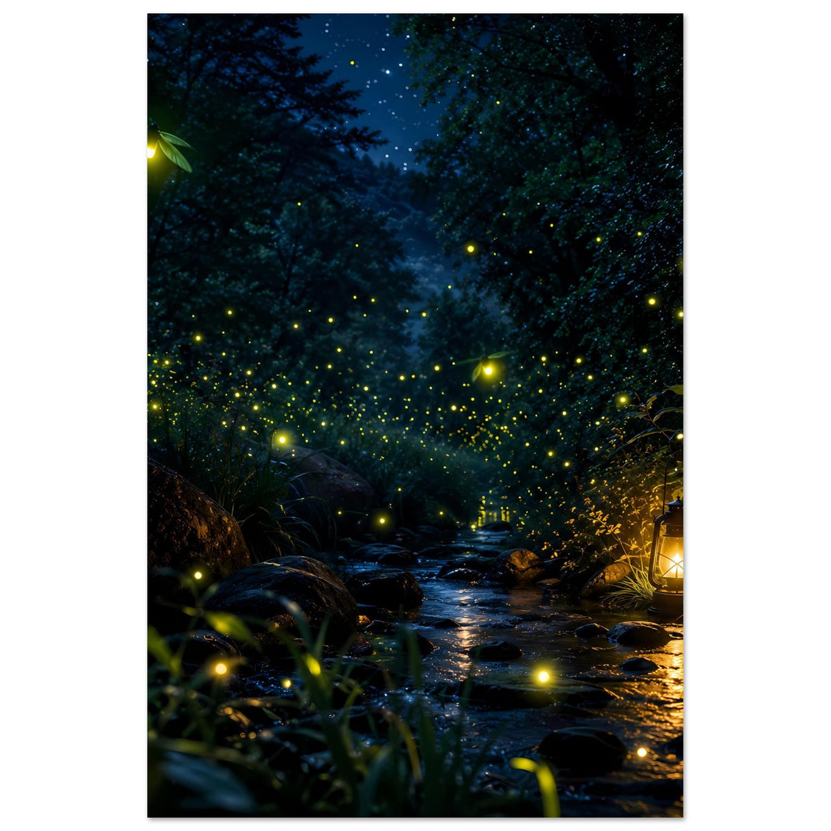 Hochformat-Poster: blau-dunkler Wald mit leuchtenden Glühwürmchen über dem Wasser