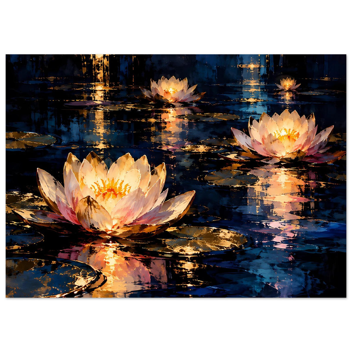 Blumenposter mit vier Seerosenblüten auf nächtlichem Wasser, tiefblau und Goldakzenten