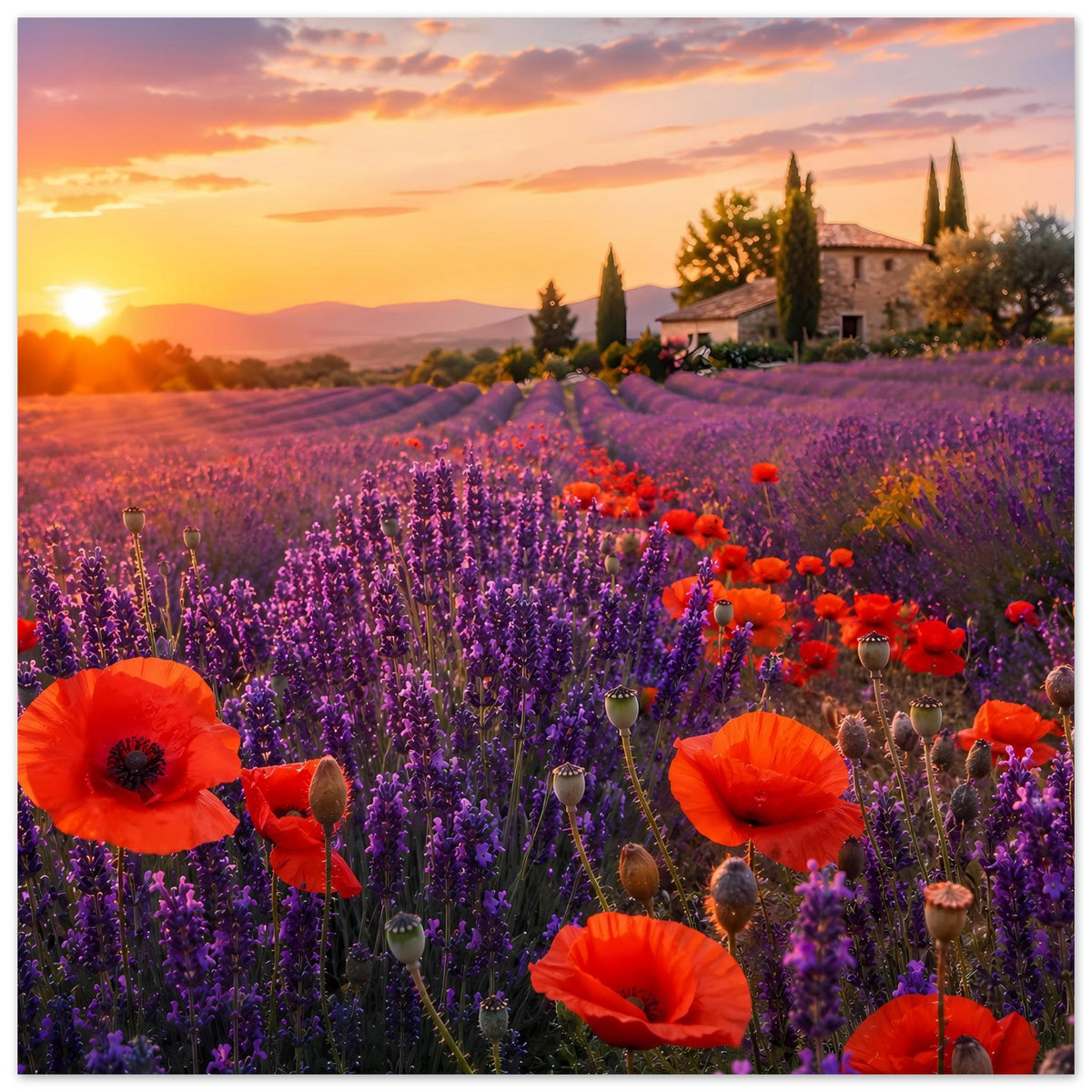 Blumenposter, Querformat: dichtes Lavendelfeld mit orangefarbenem Mohn und Landhaus am Hang