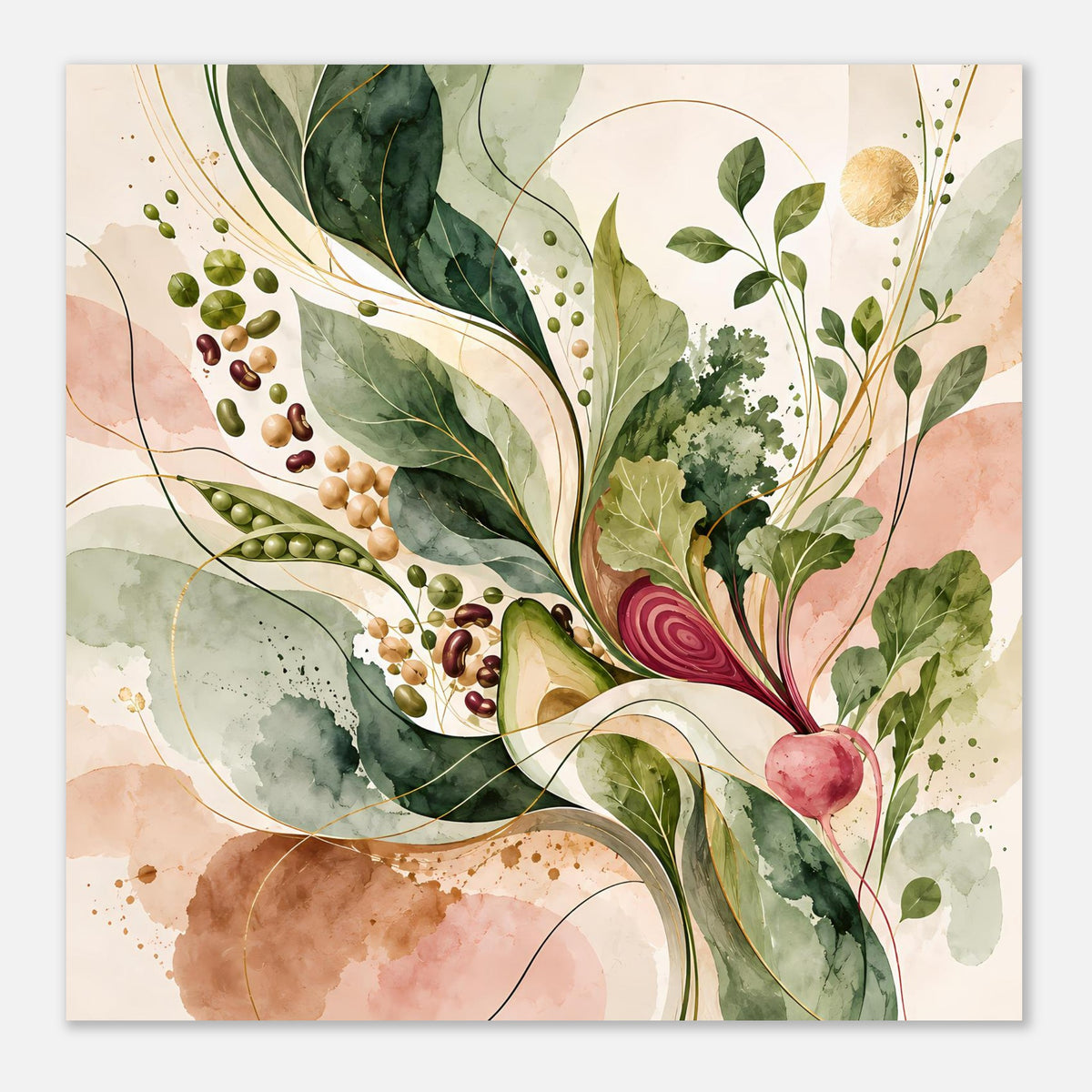 Naturposter als Wandbild, Detailreiche Botanik mit grünen Blättern und roter Rüben-Illustration