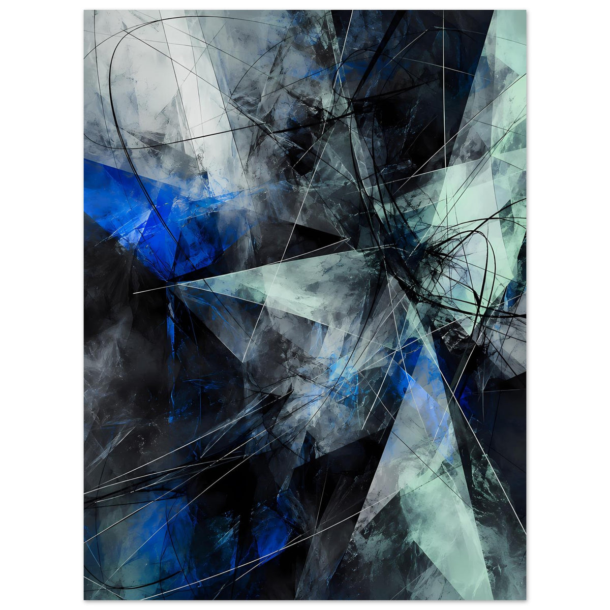 Abstraktes geometrisches Poster (Hochformat), blau, türkis und grau, Linien und Flächen