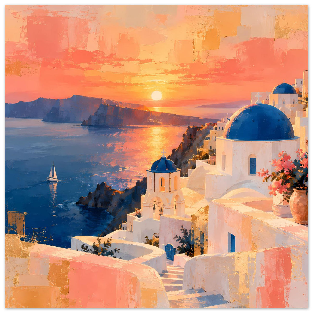 Panoramisches Poster mit Sonnenuntergang, türkisfarbenem Wasser und weißen Gebäuden
