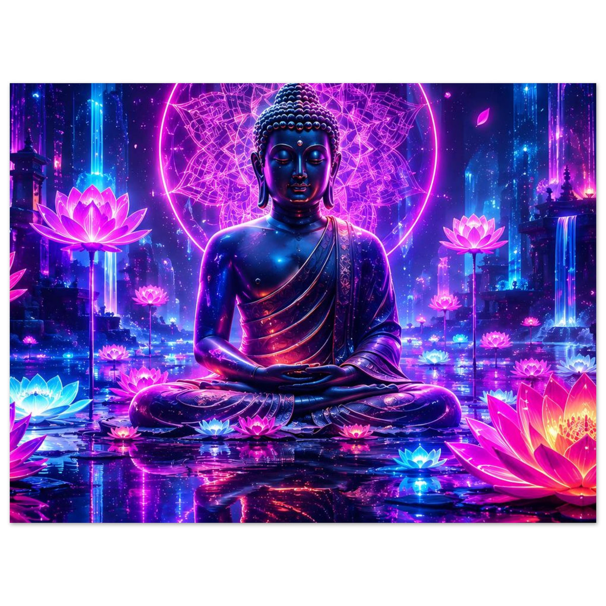 Querformat-Poster: Buddha im Lotussitz mit violettem Lichtkreis und leuchtenden Lotusblüten