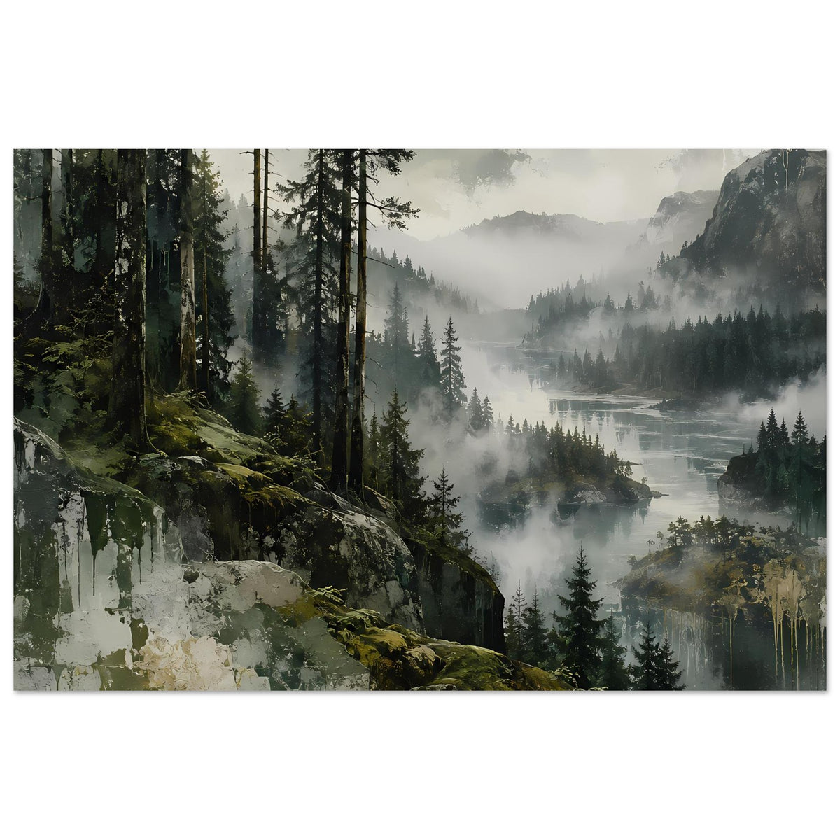 Querformat-Poster: nebliger Wald mit Fluss und markanten Felsen rechts, matte Oberfläche