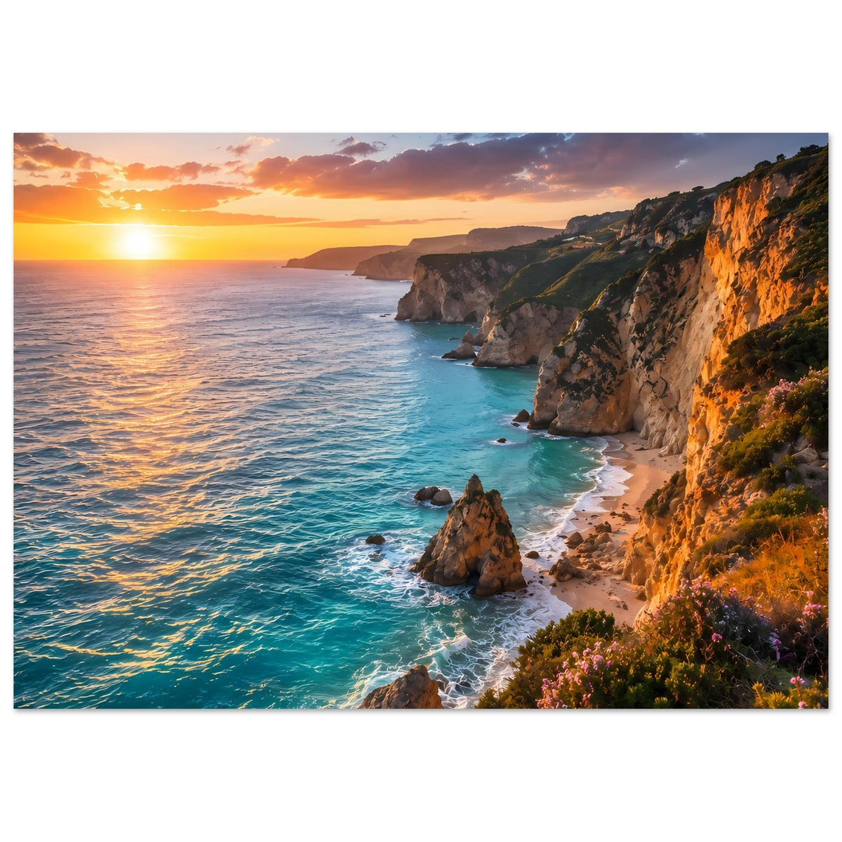 Poster im Querformat mit Felsküste, türkisblauem Meer und goldener Dämmerung