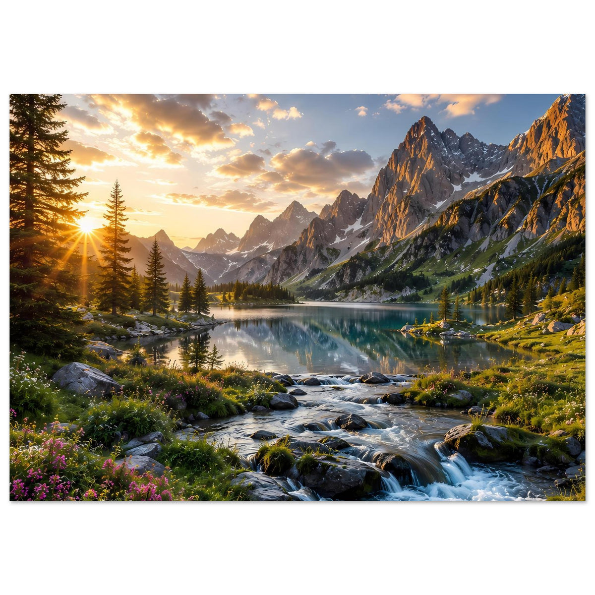 Wandposter im Querformat mit Sonnenaufgang, Bergkette, See und rauschendem Bach