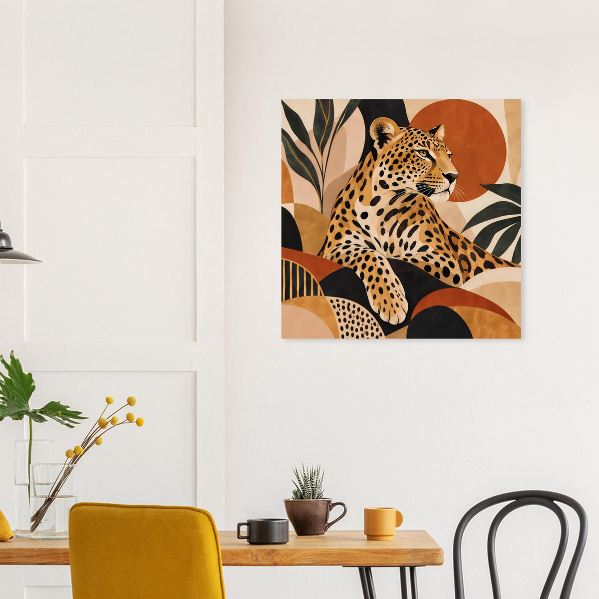 Leoparden-Tierposter, quadratisch, in Erdtönen mit abstrakten Blättern und Kreisen