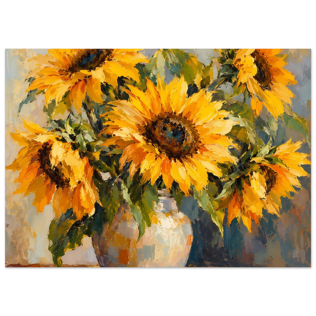 Sonnenblumen-Stillleben-Poster mit gelben Blüten und grünen Blättern in einer Vase