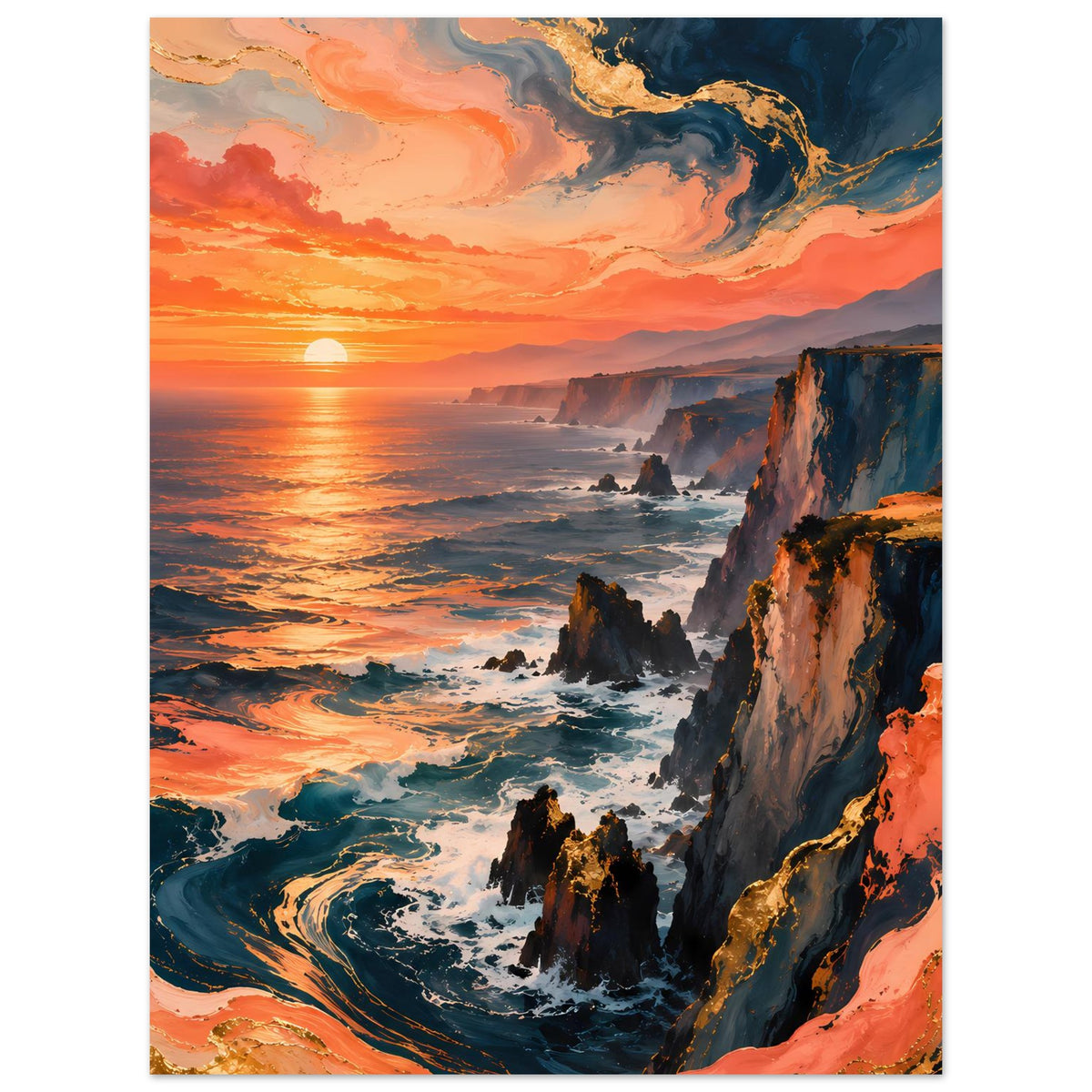 Hochformat-Poster: Meer bei Sonnenuntergang, orange Wolken und Felsküste mit Brandung