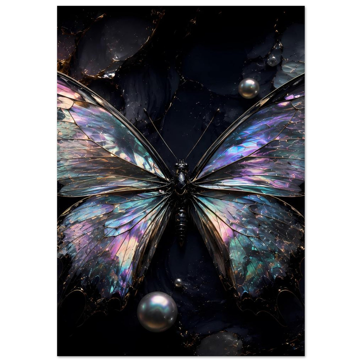 Schmetterling-Poster mit schillernden Flügeln, zentralem Falter und einer einzelnen großen Kugel im Motiv.