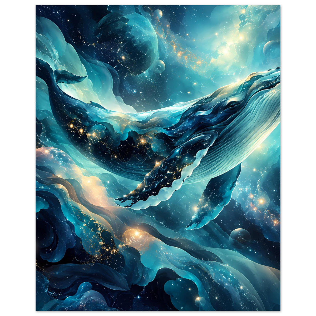 Hochformatiges Ozean-Poster mit tiefblauen Wellen und goldenen Leuchtpunkten