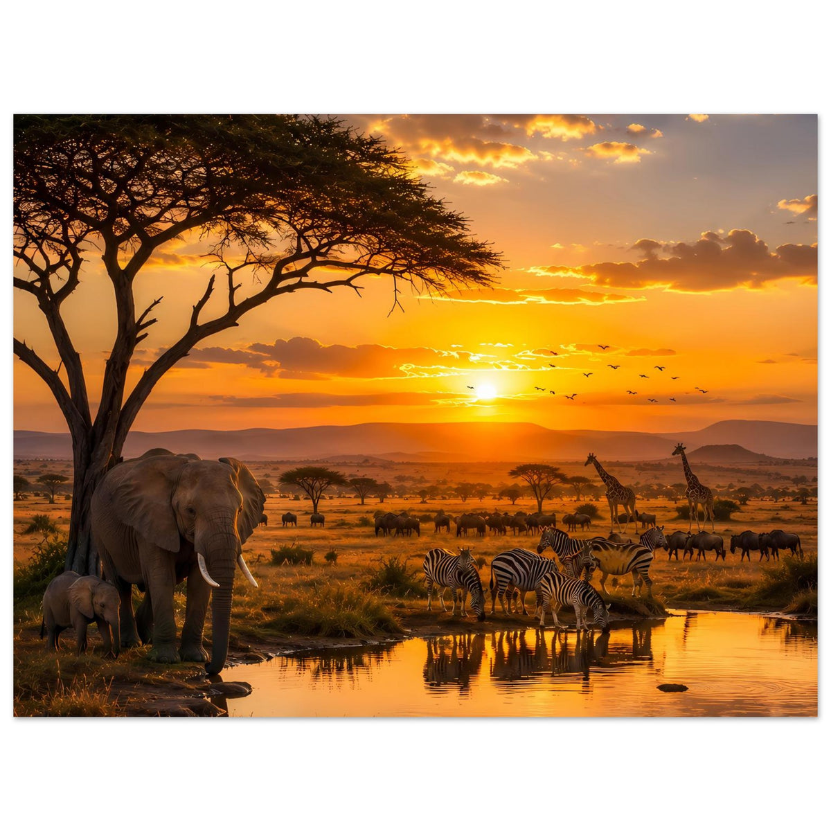 Poster mit Elefanten am Ufer, Zebras und Herde am Wasserloch bei Sonnenuntergang
