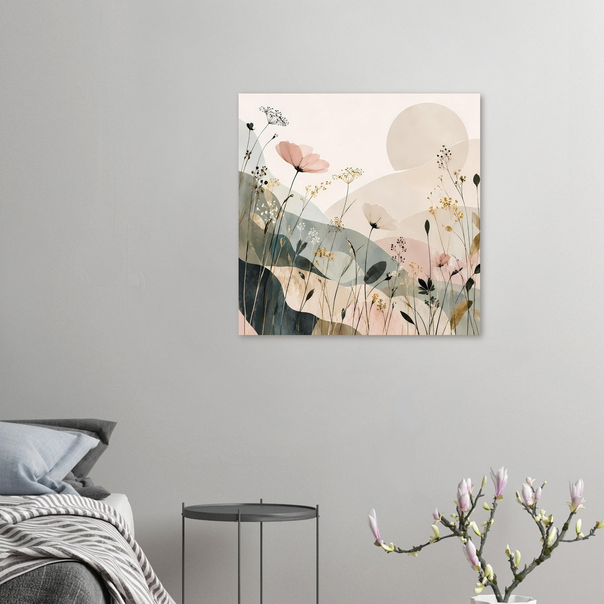 Quadratisches florales abstraktes Poster mit Blüten, Gräsern und hellen Kreisformen