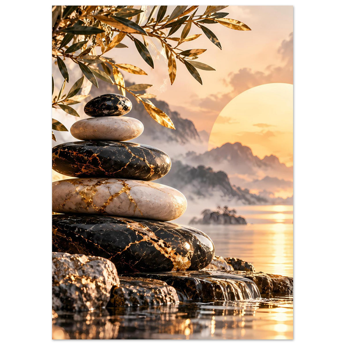 Poster mit Zen-Stein-Stapel, goldenen Blättern und Sonnenuntergangslicht am Ufer