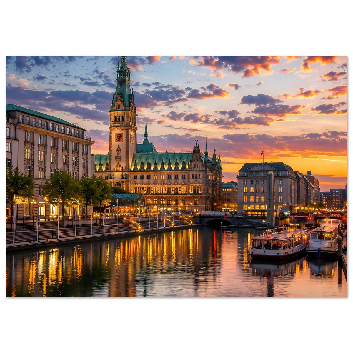 Poster im Querformat: Stadtansicht mit Turm, Schiffchen am Fluss und Reflexionen im Abendhimmel.