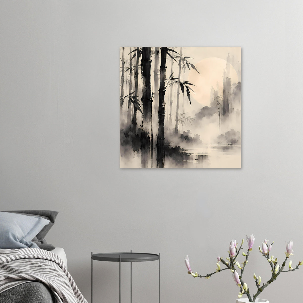 Kleines Poster-Design im Querformat: Bambuswald mit Nebel und Wasserfläche in Grau/Schwarz