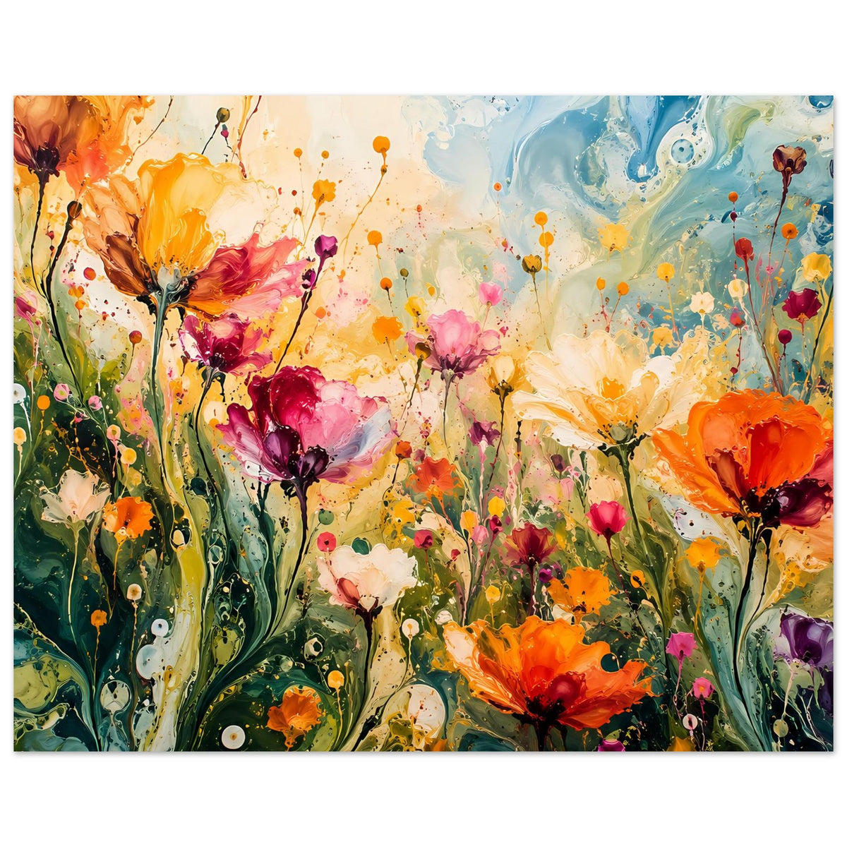 Blumenposter mit abstrakten Blüten und Farbschleiern in Orange, Pink und Blau, horizontal
