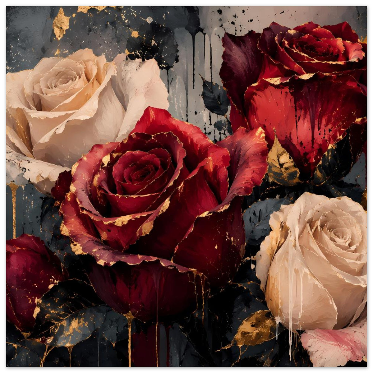 Kunstposter mit Bordeauxroter Mittelsrose und cremefarbenen Rosen mit goldenen Spritzern
