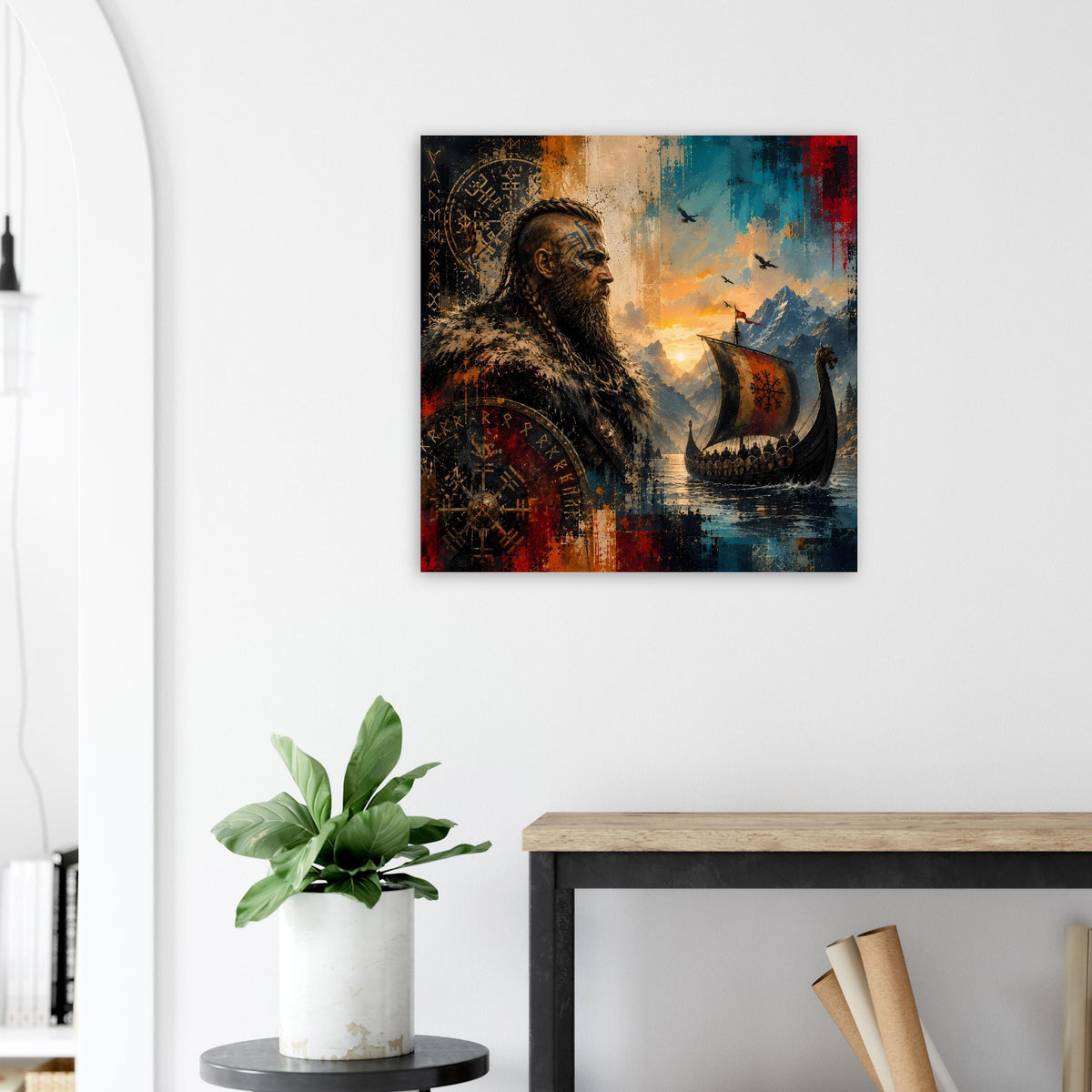 Wikinger-Saga-Poster mit Kriegerkopf, Runenmusterrahmen und Langschiff auf ruhiger See