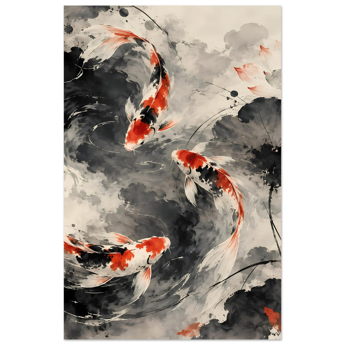 Poster im Hochformat mit Koi-Fischen, schwarz-graue Tuscheflächen und orange Akzenten