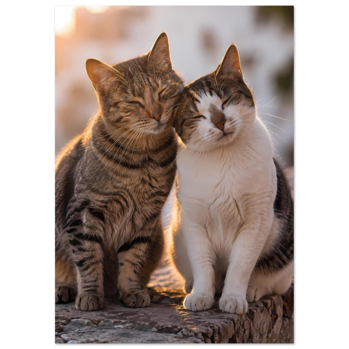 Poster: zwei Katzen schmiegen sich, braun getigert und weiß, beide mit geschlossenen Augen