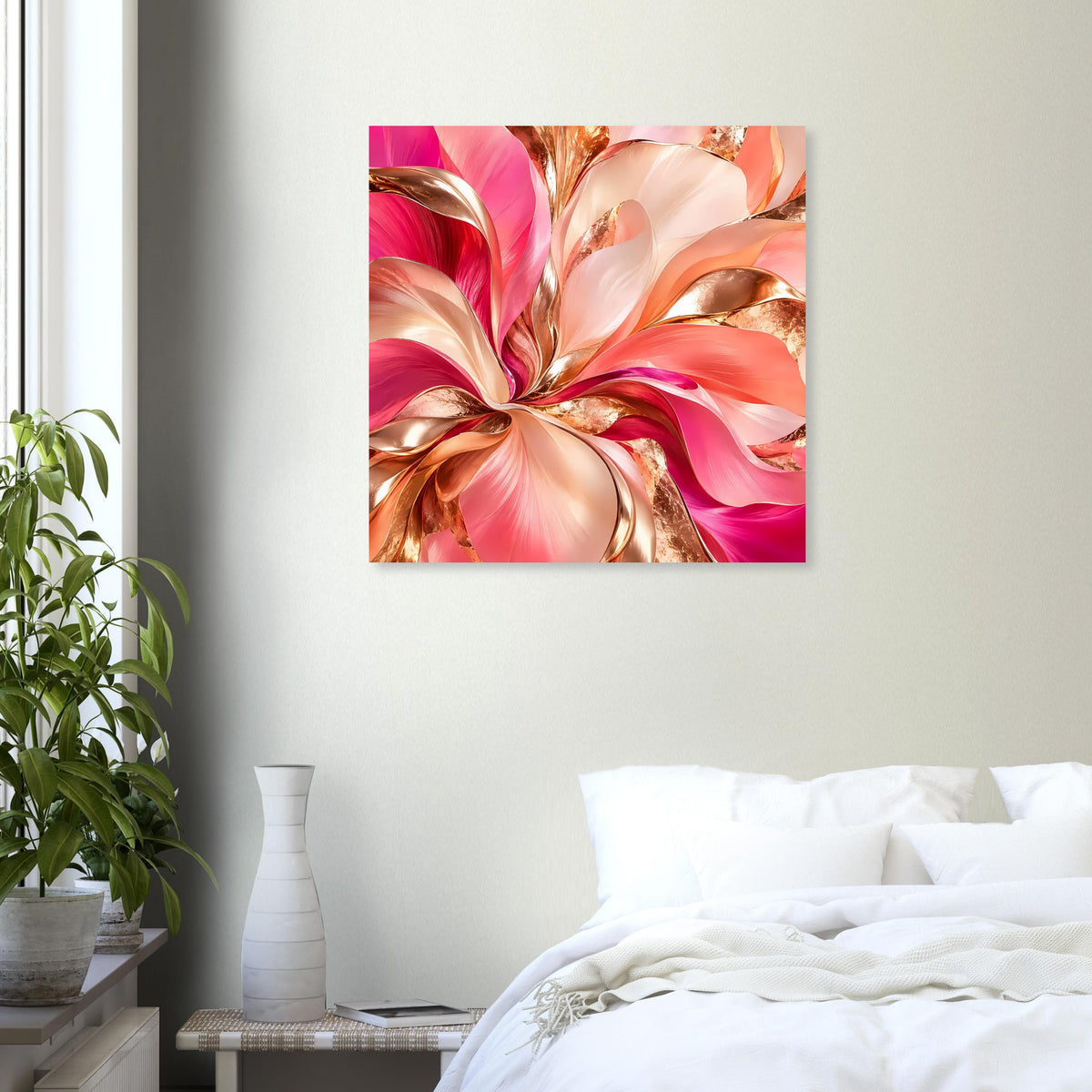 Abstraktes Blumenposter, quadratisch: rosa Blütenwirbel mit goldenen Akzenten