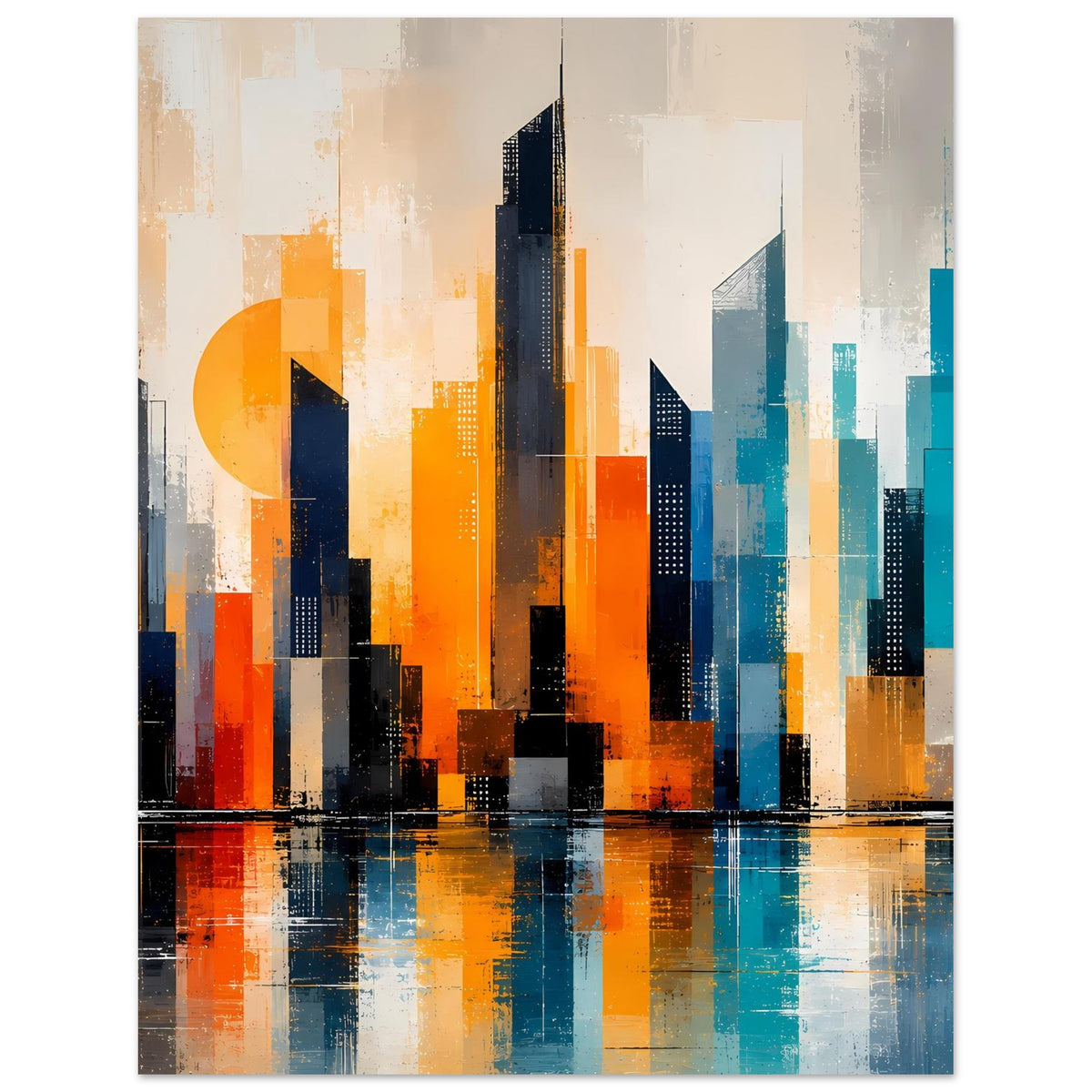 Stadtposter mit abstrakter Skyline in Orange und Türkis, vertikal, eng zugeschnitten