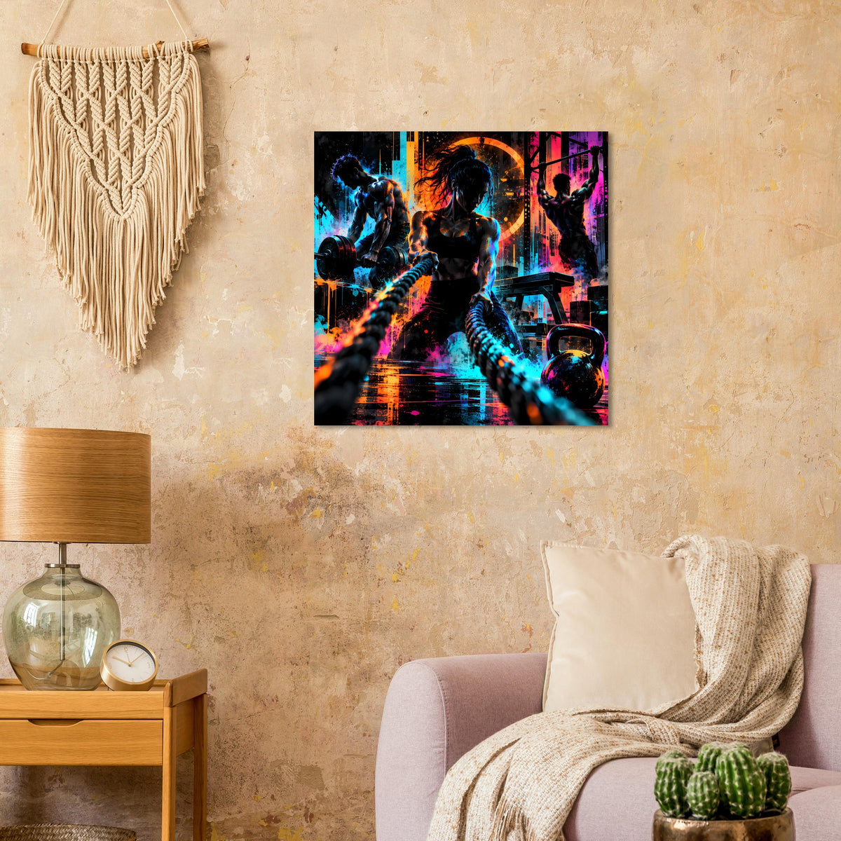 Quadratisches Neon-Fitness-Poster mit neonfarbener Sport-Silhouette, Blau, Orange und Pink