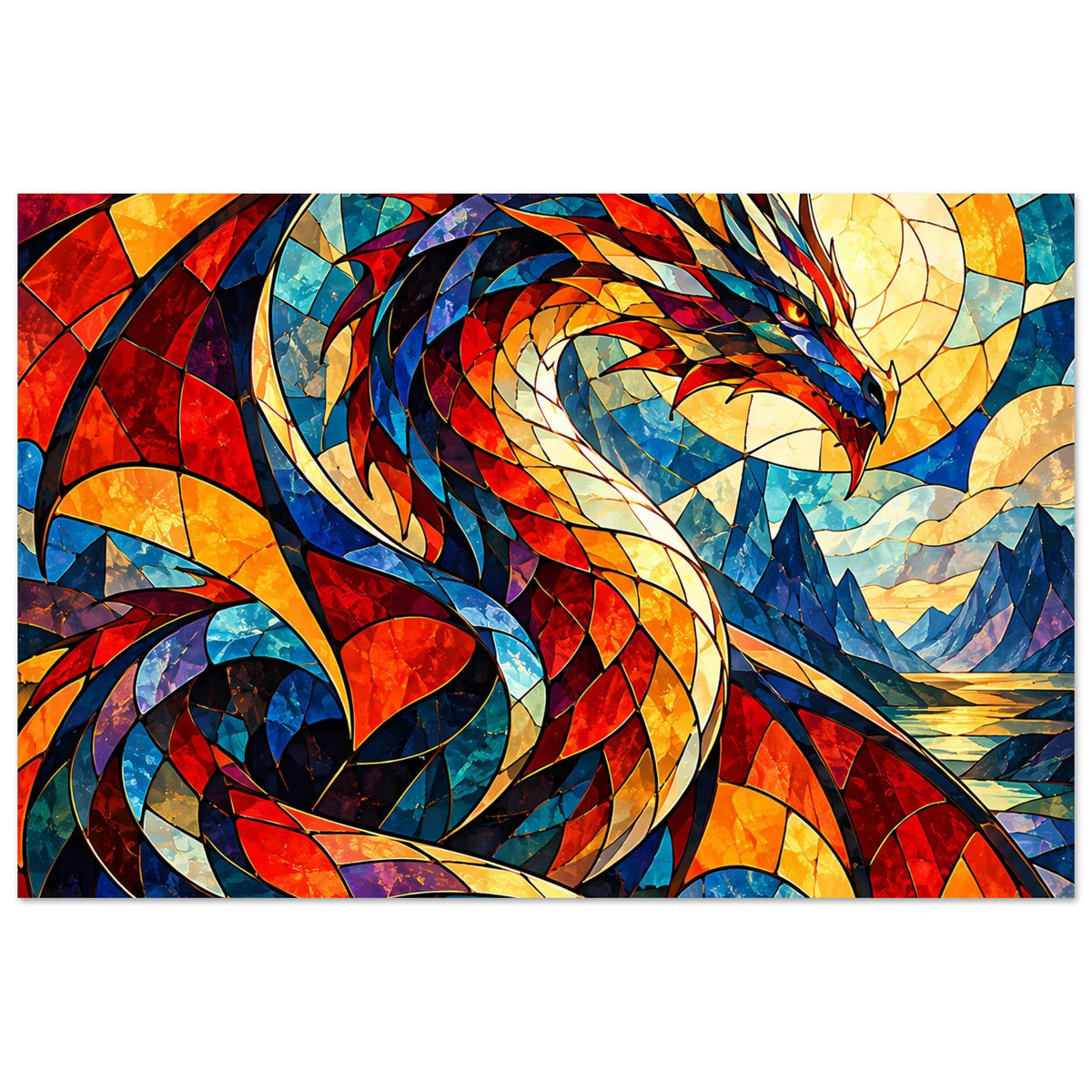 Drachen-Glasmalerei-Poster: geflügelter Drache, leuchtendes Buntglas-Muster mit Konturen
