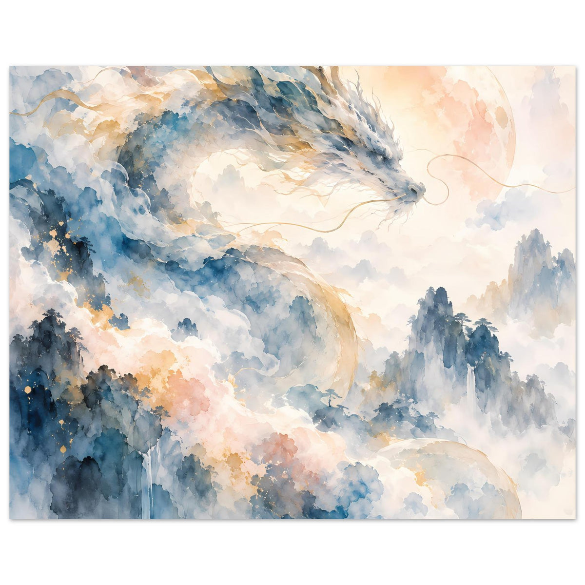 Aquarellposter mit Drachen und Wolkenlandschaft über Bergen in Blau- und Pastelltönen, querformat
