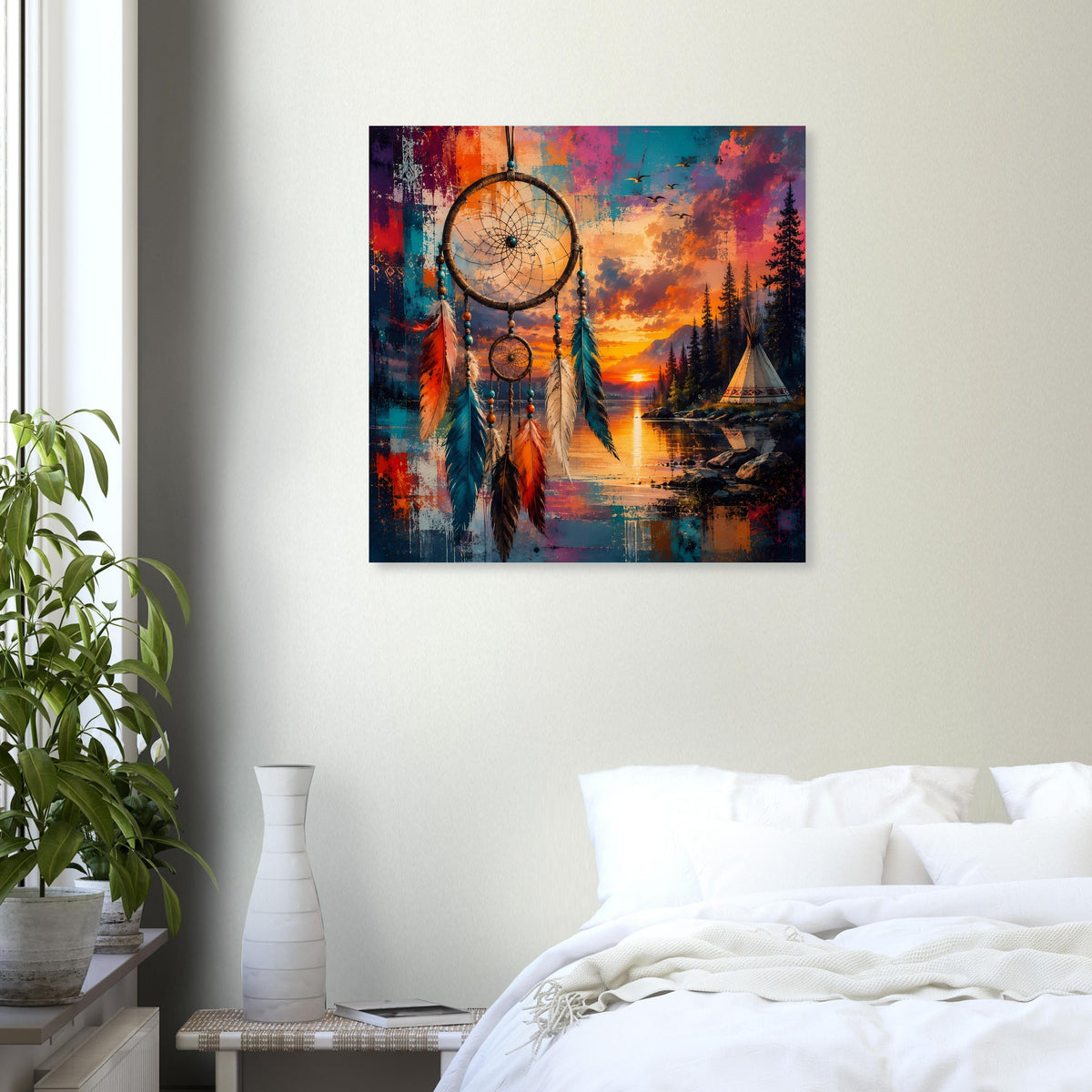 Boho-Poster: Traumfänger mit Kreis und Federn über See und Wald im Sonnenuntergang