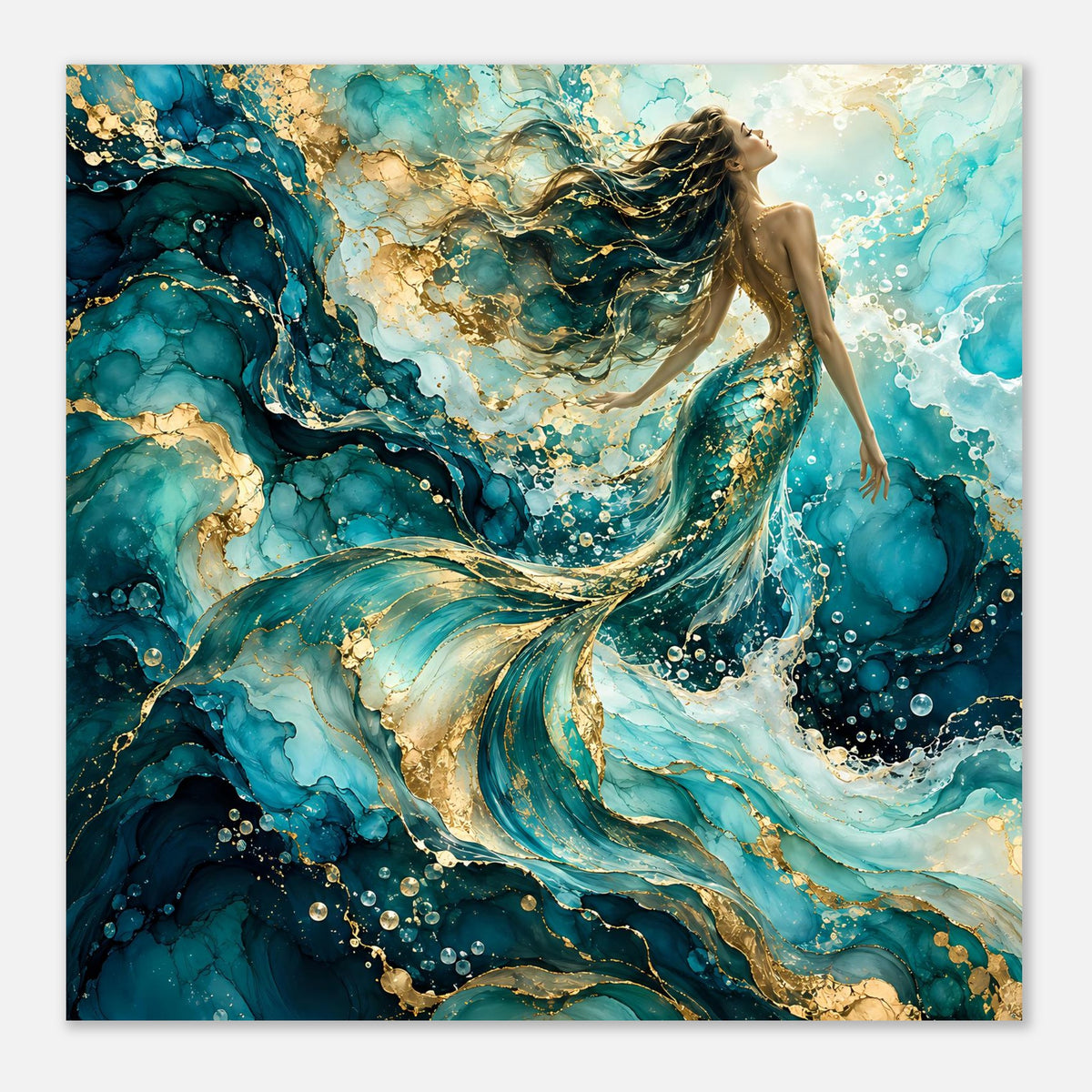 Quadratischer Kunstdruck mit Meerjungfrau in türkis-goldener Wasserwelt mit Blasen