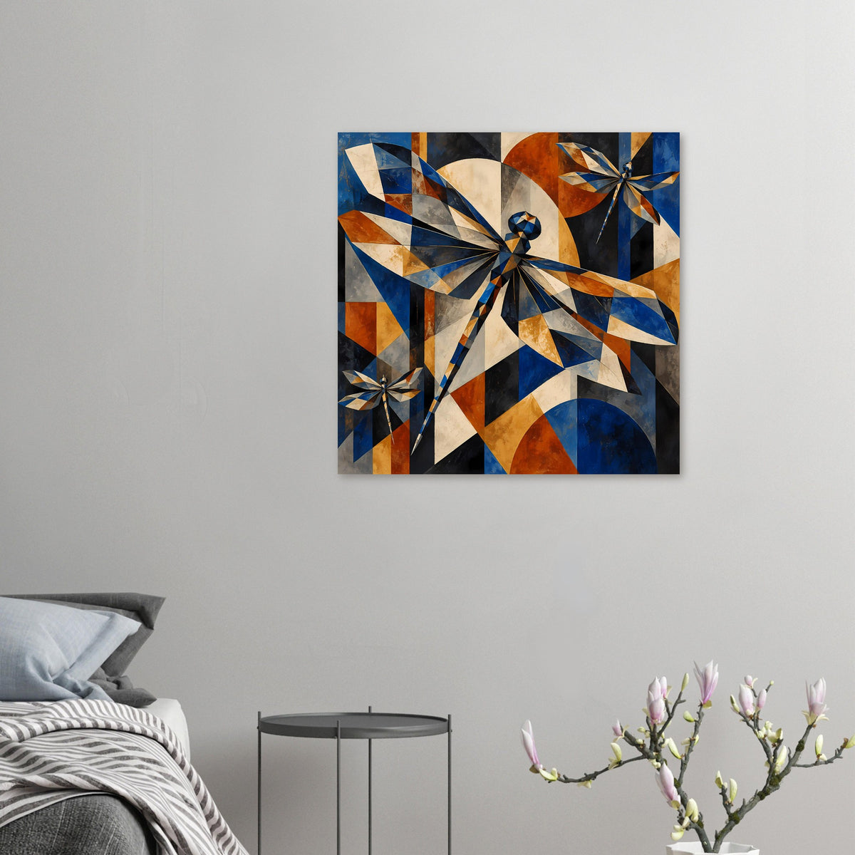 Kunstposter im Quadratformat mit geometrischen Libellen in Blau und Kupfer, klar konturiert