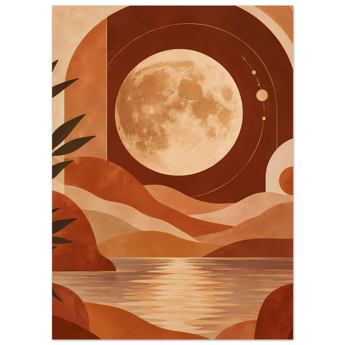 Boho-Poster mit Vollmond über Dünen, Palmen, geschwungenen Linien und Terrakotta-Tönen