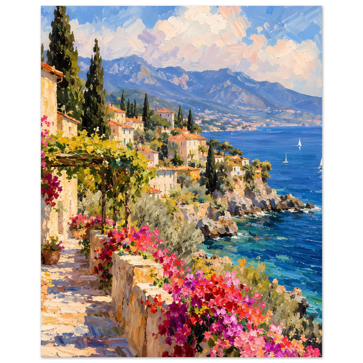 Kunstdruck-Poster vertikal: mediterrane Häuser am Hang, Zypressen, pinke Blüten und Meer