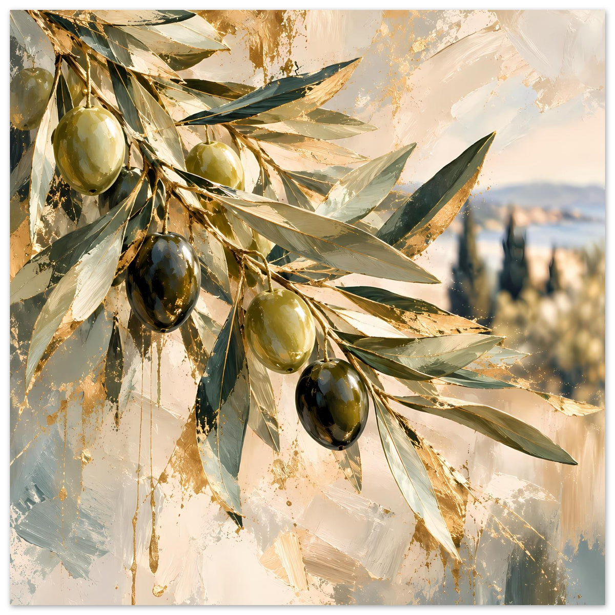 Kunstposter mit Olivenzweigen und hängenden Oliven in Gold-, Oliv- und Blautönen