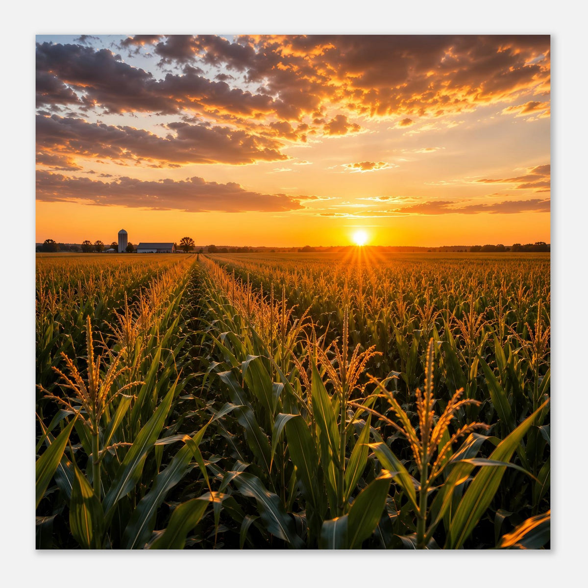Poster im Querformat mit Sonnenuntergang über Maisfeld, orangefarbener Himmel und Sonne
