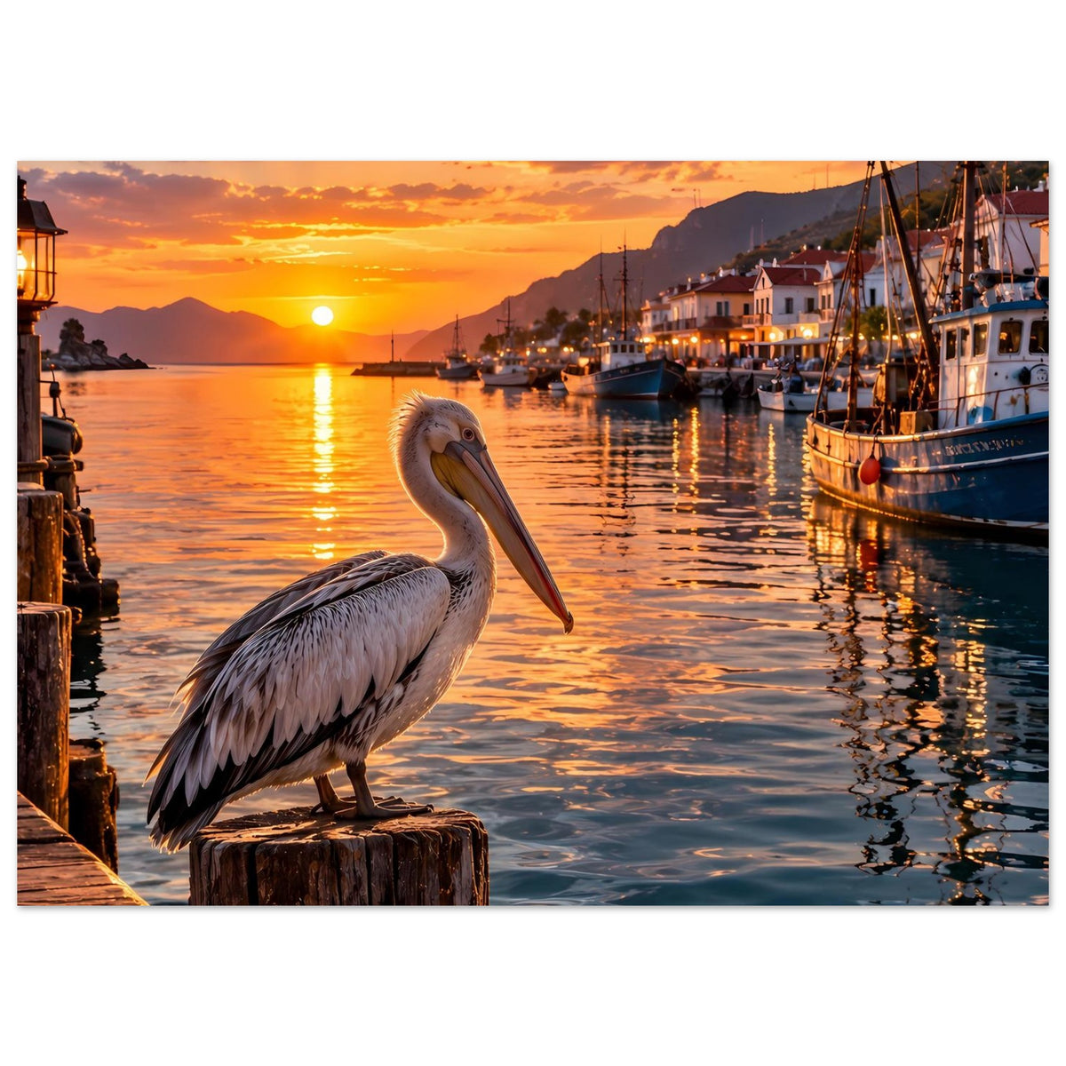 Kunstposter mit Pelikan auf Holzpfahl, Sonnenuntergangshafen mit Steg, Laternen und Segelbooten