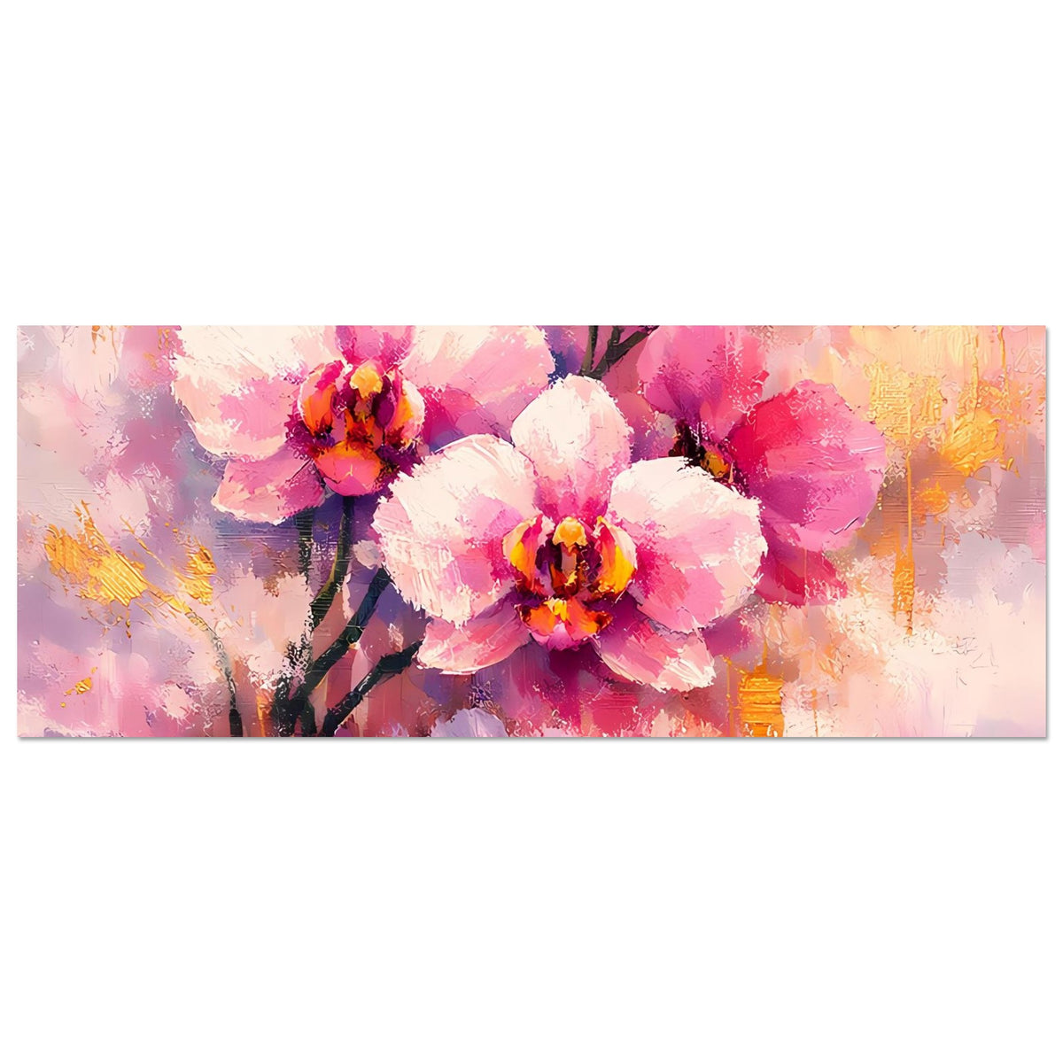 Querformat-Poster mit rosa und weißen Orchideenblüten und goldenen Akzenten